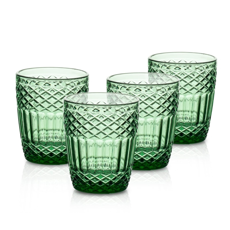 Emerald Green Drinking Glass Set with Embossed Diamond and Fluted Patterns
