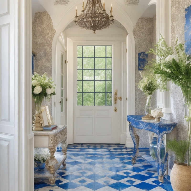Entryway Blue Fleur De Lis Polished Stone Tile Ornate Console Vaulted Hallway