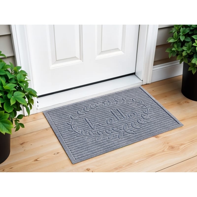 Entryway Mat Gray Cursive Hello Text Laurel Wreath Ribbed Farmhouse