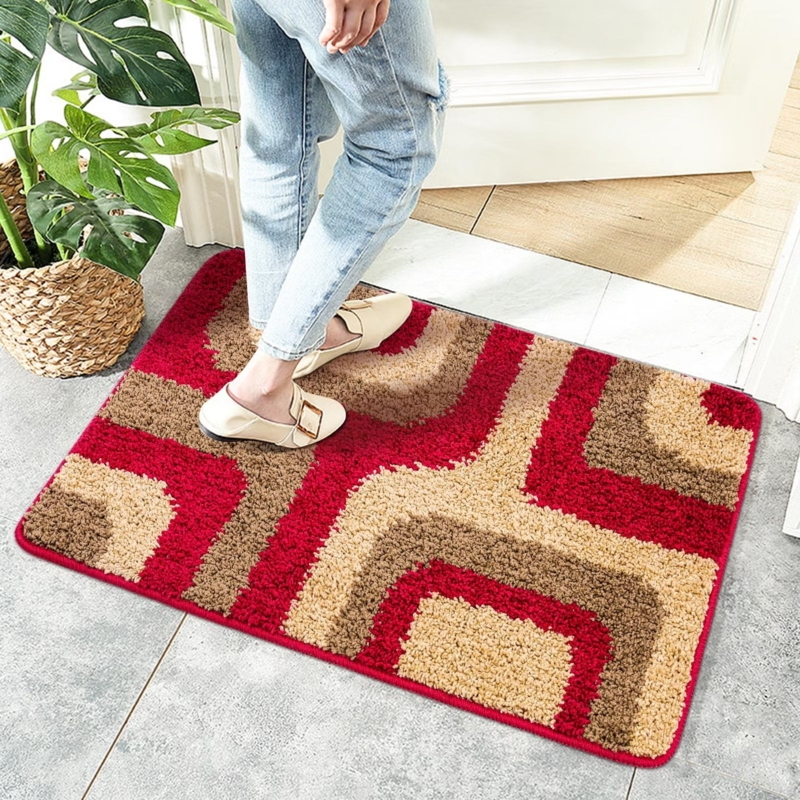 Entryway Rug Bold Red Wavy Pattern Tufted Mid Century Modern