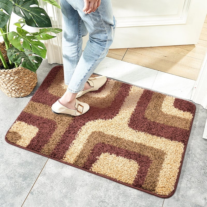 Entryway Rug Brown Nested Wave Pattern Plush Tufted Texture Retro