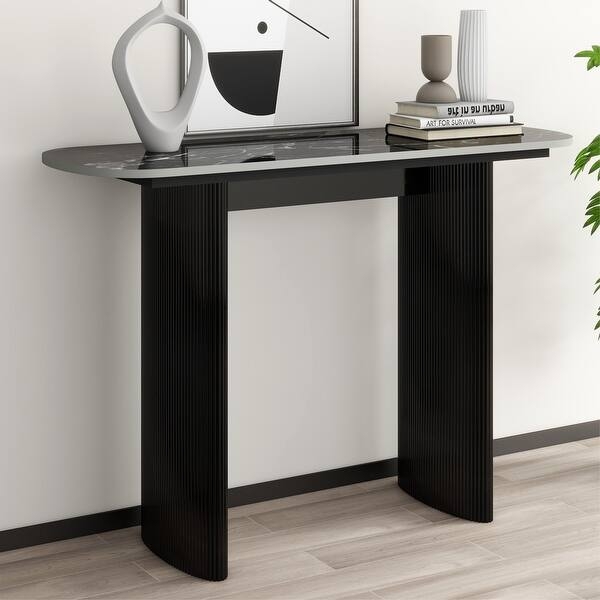 Entryway Table with Fluted Base Pill Shaped Stone Look Top Glossy