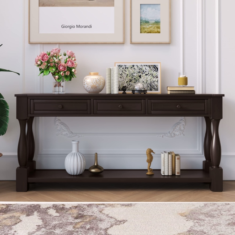 Espresso Console Table with Three Drawers & Turned Legs for Entryway