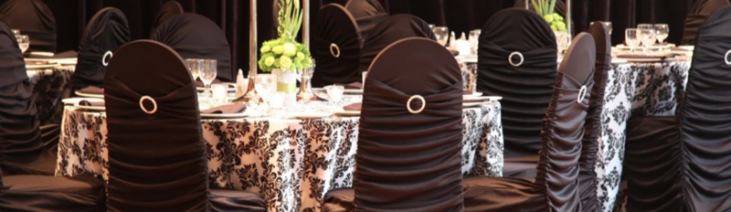 Event Decor Black Damask Tablecloth Ruched Chair Covers Glamorous Styling