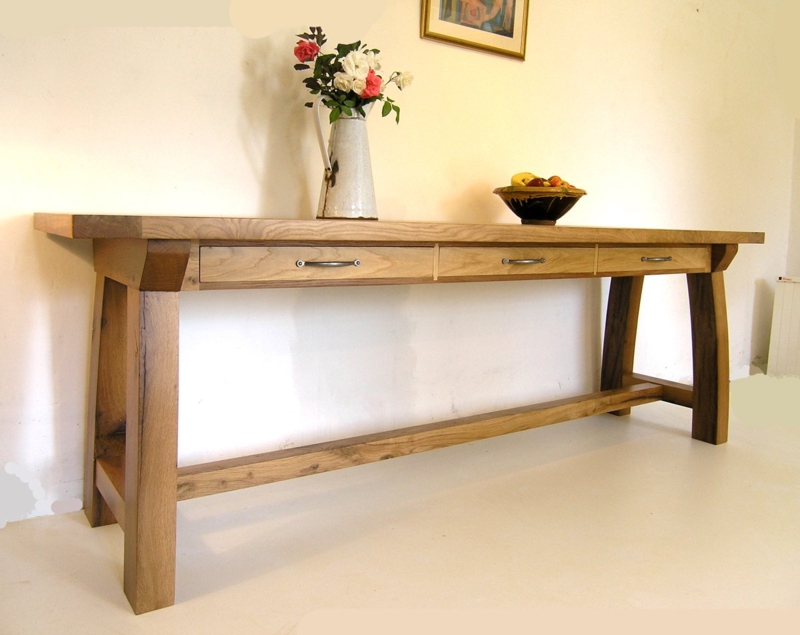 Extra Long Console Table Angled Legs Three Drawers Natural Finish