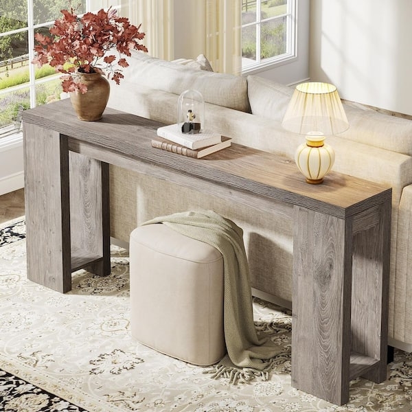 Extra Long Console Table Wood Grain Minimalist Block Legs
