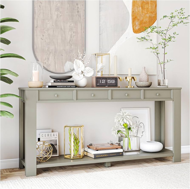 Extra Long Khaki Console Table with Four Drawers and Bottom Shelf