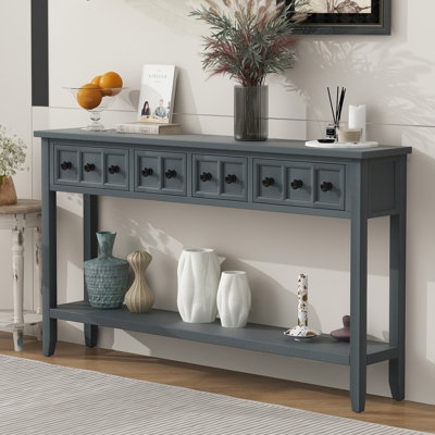 Extra Long Slate Blue Console Table with Four Paneled Drawers