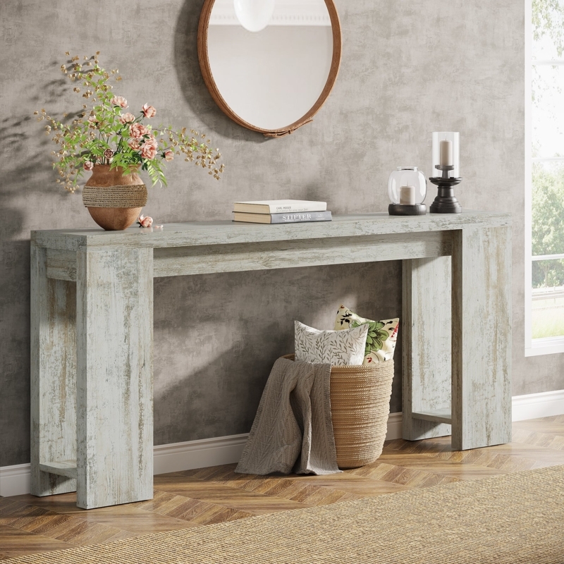Extra Wide Console Table Distressed Whitewash Minimalist Block Frame