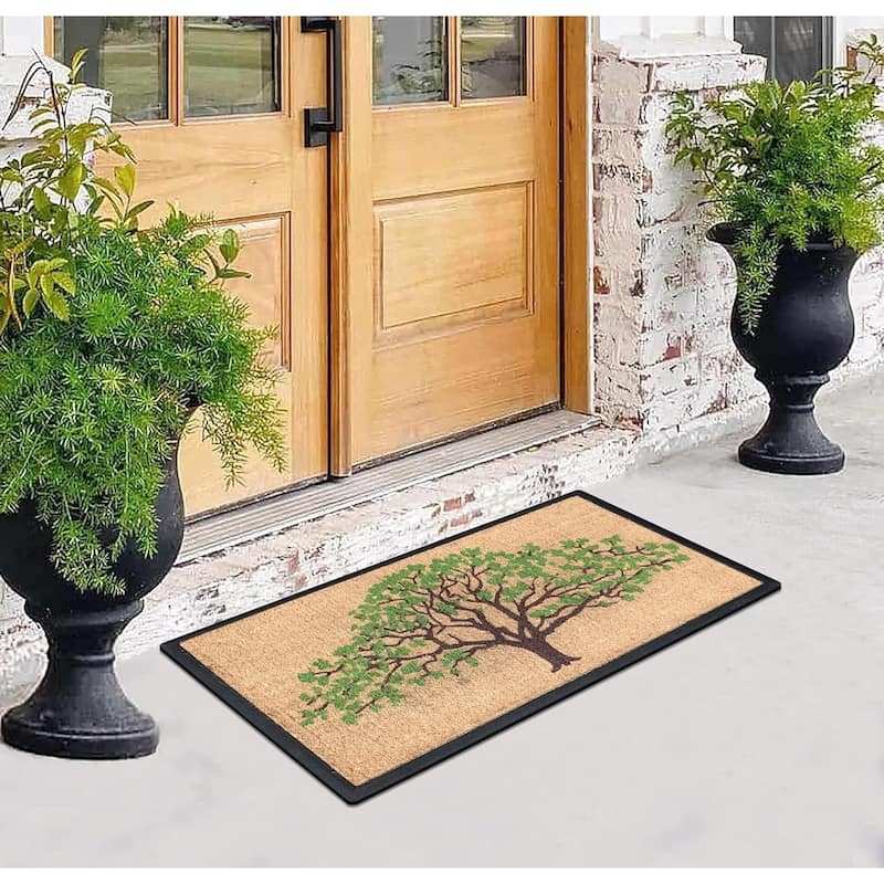 Extra Wide Doormat Tree Motif Black Border Coir Traditional