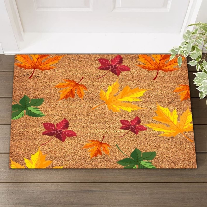 Fall Leaf Entryway Mat, Coir Material with Colorful Scattered Pattern