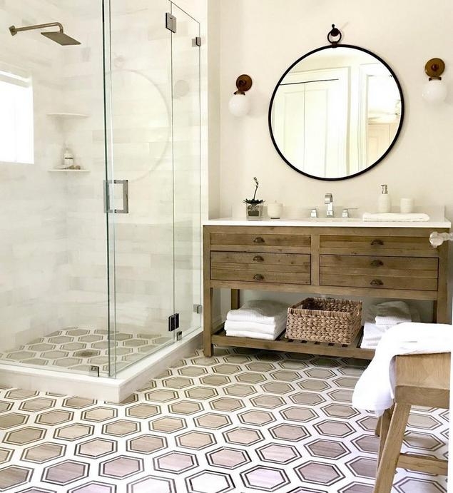 Farmhouse Bathroom Design with Concentric Hexagon Floor Tile