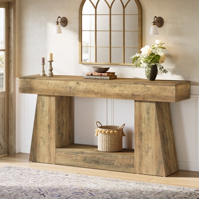 Farmhouse Console Table Chunky Profile with Tapered Pedestals & Shelf