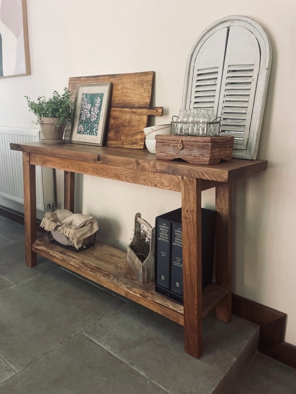 Farmhouse Console Table Live Edge Top Chunky Legs Rustic Grain