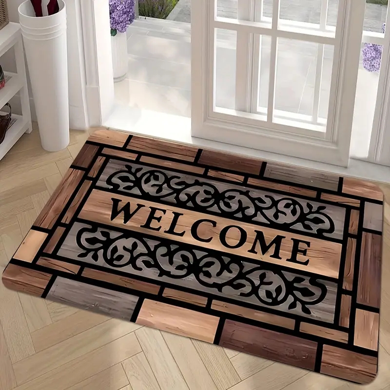 Farmhouse Doormat Wood Plank Border Black Scrollwork Details Rustic