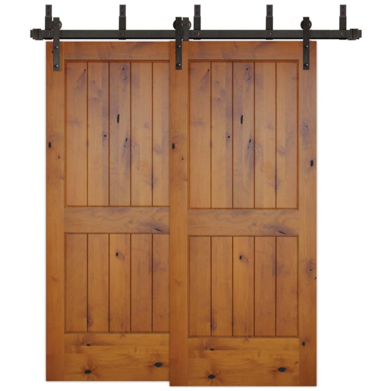Farmhouse Double Barn Doors Wood Grain Bypass Track Visible Knots