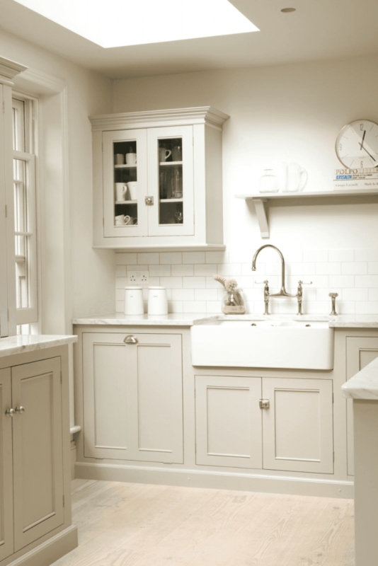 Farmhouse Kitchen Cabinets with Bridge Faucet and Sink (64 characters)
