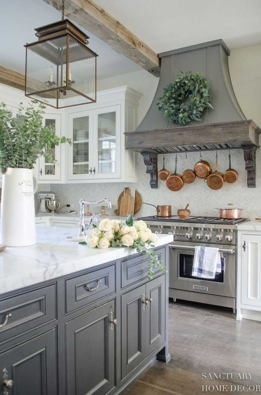 Farmhouse Kitchen with Grey Island, Copper Cookware and Oversized Lantern