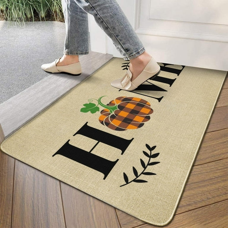 Farmhouse Pumpkin Doormat, Low Profile Burlap with Plaid Graphic
