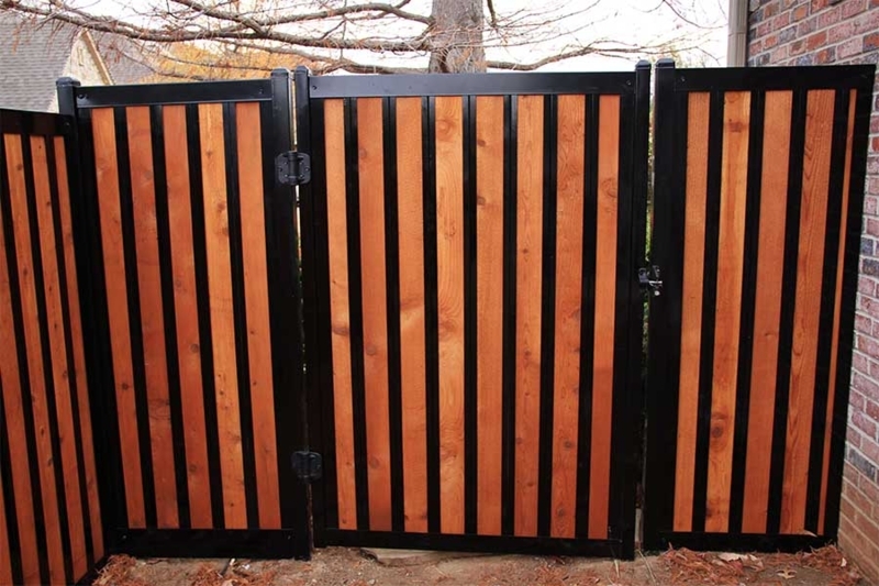 Fence Gate Wood Toned Vertical Slats Black Frame Mixed Material