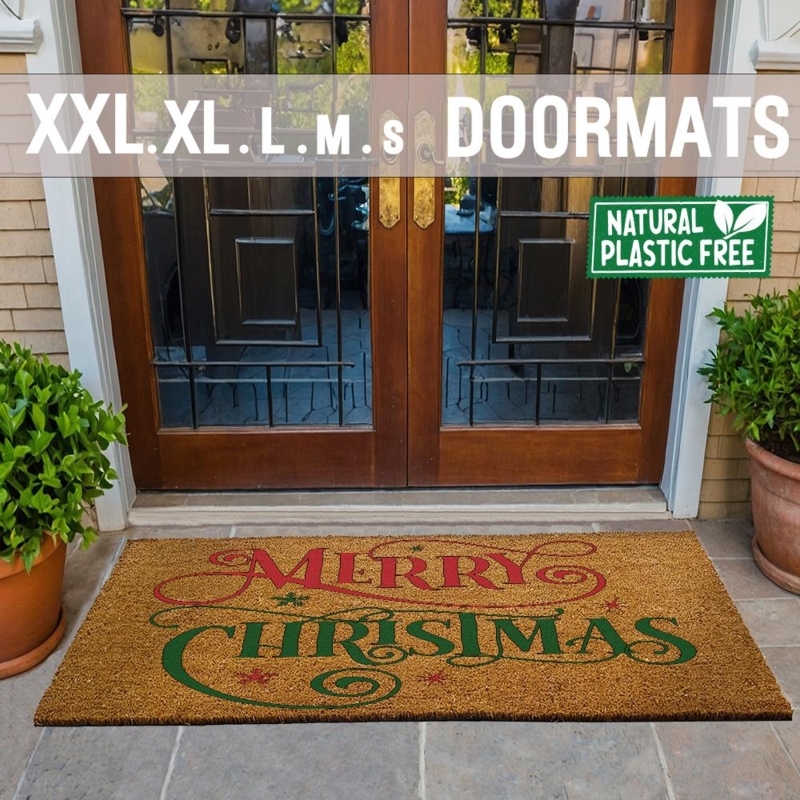 Festive Doormat Coir Holiday Graphic Script Extra Wide Double Door