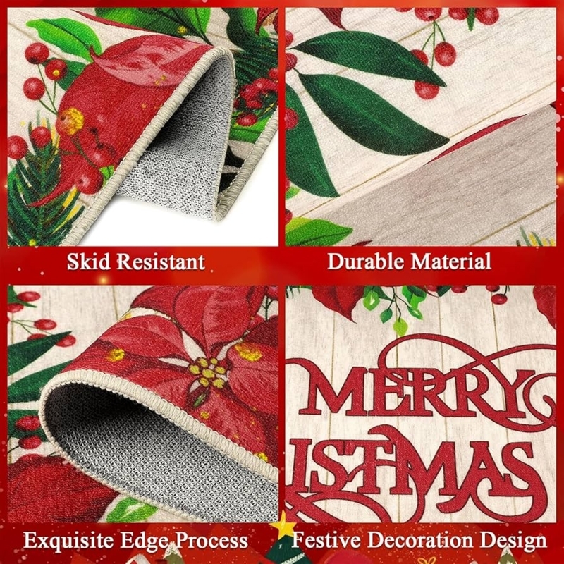 Festive Poinsettia Doormat with Skid Resistant Backing and Low Profile Design
