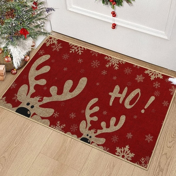 Festive Red Doormat with Reindeer Silhouette and Snowflake Pattern