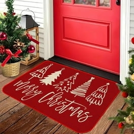 Festive Red Doormat with Stylized Tree Graphics and Holiday Script