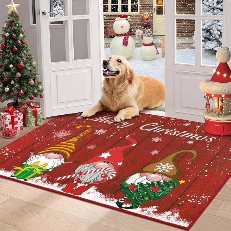Festive Red Gnome Doormat with Faux Wood Background and Low Profile
