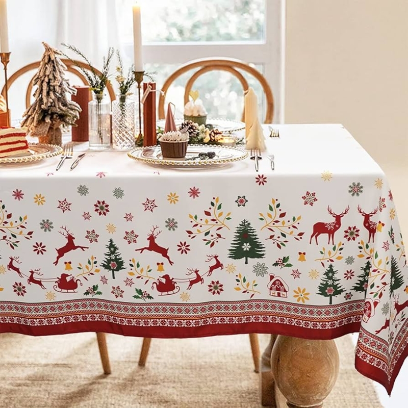 Festive Tablecloth Reindeer Sleigh Print & Border