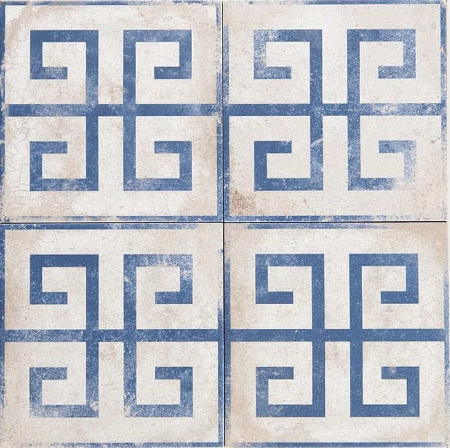 Field Tile Matte Azul Blue Greek Key Pattern Distressed Porcelain