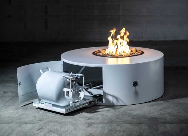 Fire Pit Low Profile Matte White Metal Hidden Tank Storage