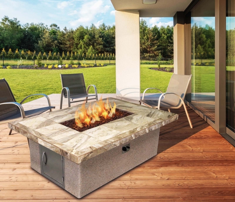 Fire Pit Rectangular Stone Like Tile Top with Lava Rocks