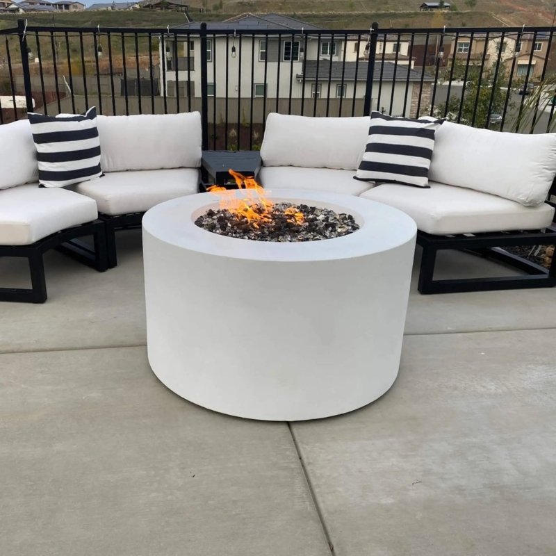 Fire Pit Stark White Finish Oversized Cylindrical Matte Concrete Like