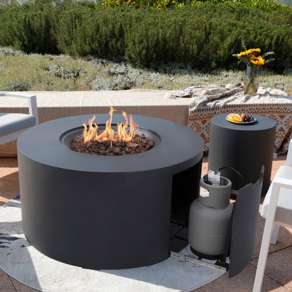 Fire Pit Table Circular Matte Charcoal Hidden Tank Drawer
