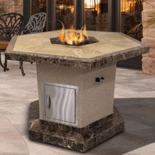 Fire Pit Table Hexagonal Stucco Base Marble Look Trim Tan