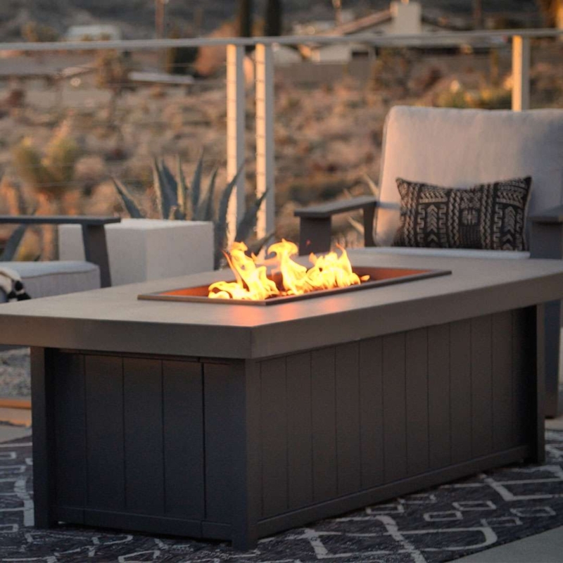 Fire Pit Table Rectangular Form Paneled Base Charcoal Grey Stone Top