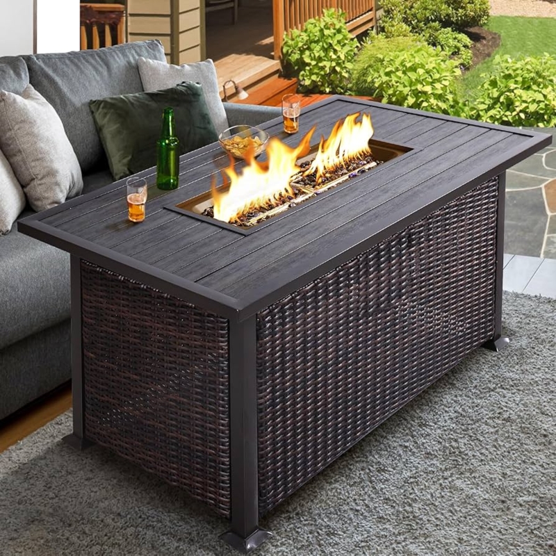 Fire Pit Table Rectangular Woven Rattan Base Slat Wood Look Top