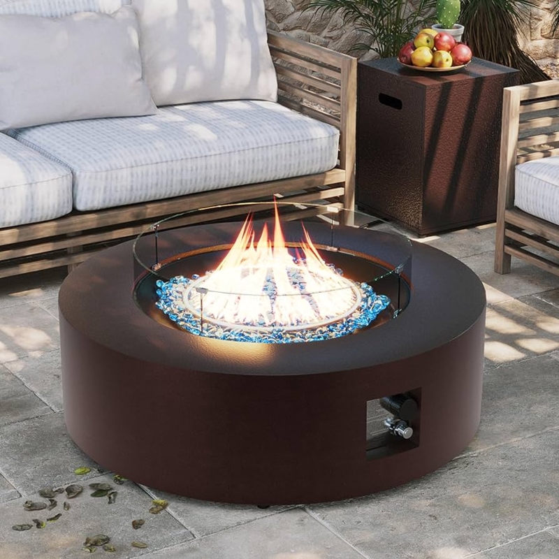 Fire Pit Table Round Pedestal Base Blue Fire Glass Wind Guard Brown