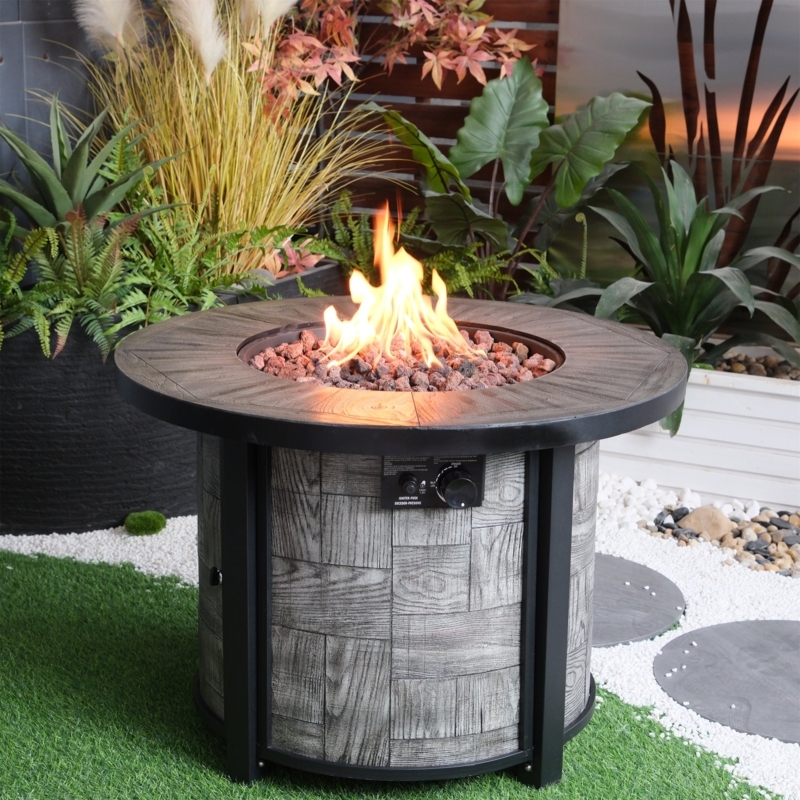 Fire Pit Table Round Stone Like with Gray Wood Grain Texture