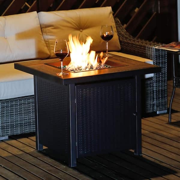 Fire Pit Table Square Black Metal with Woven Textured Panels