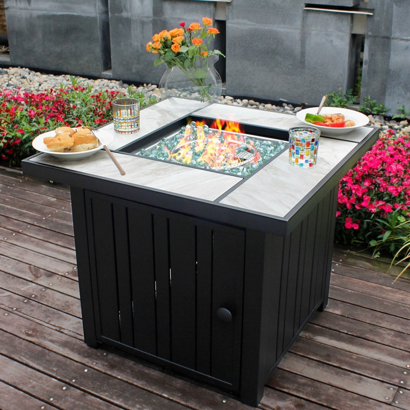 Fire Pit Table Square Marble Tile Top Slatted Metal Base
