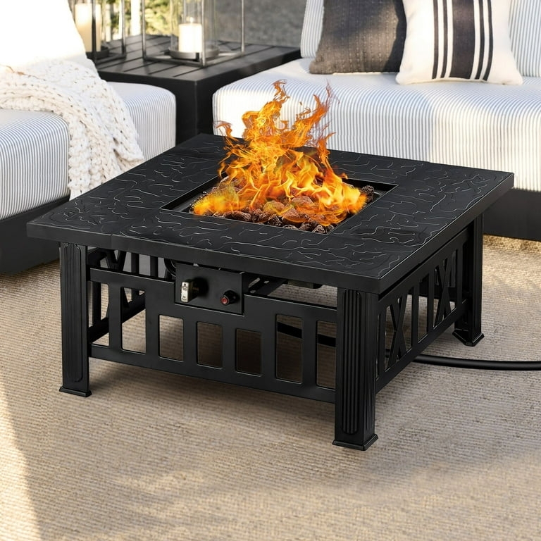 Fire Pit Table Square Matte Black Metal Scrollwork Pattern Top