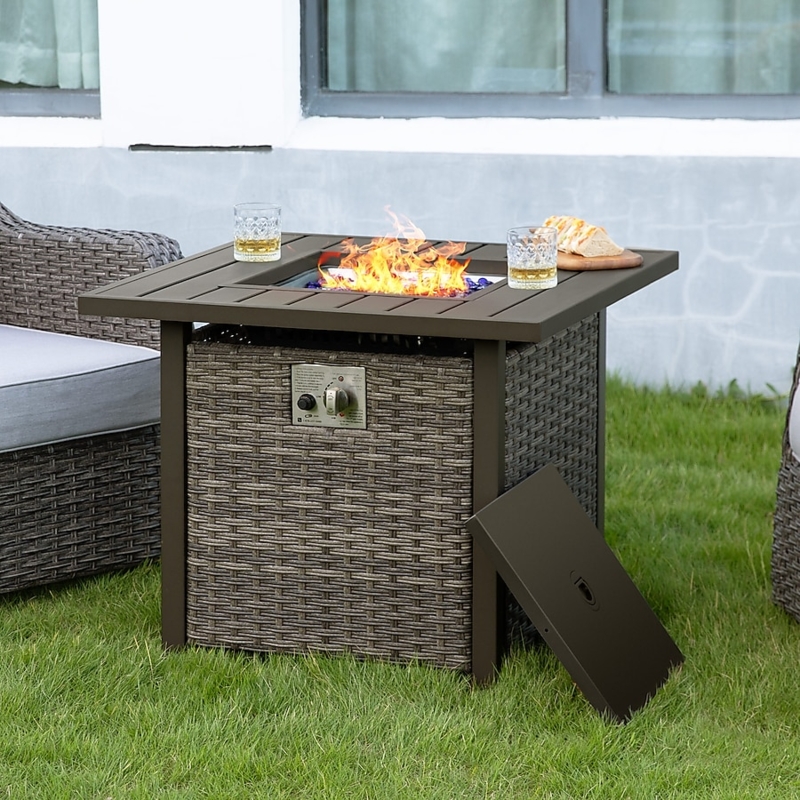 Fire Pit Table Square Woven Base with Slatted Metal Top Brown