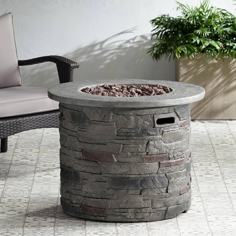 Fire Pit Table Stacked Stone Base Textured Hidden Tank Rustic Style