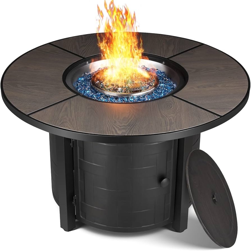 Fire Pit Table Wood Grain Top Woven Base Blue Glass