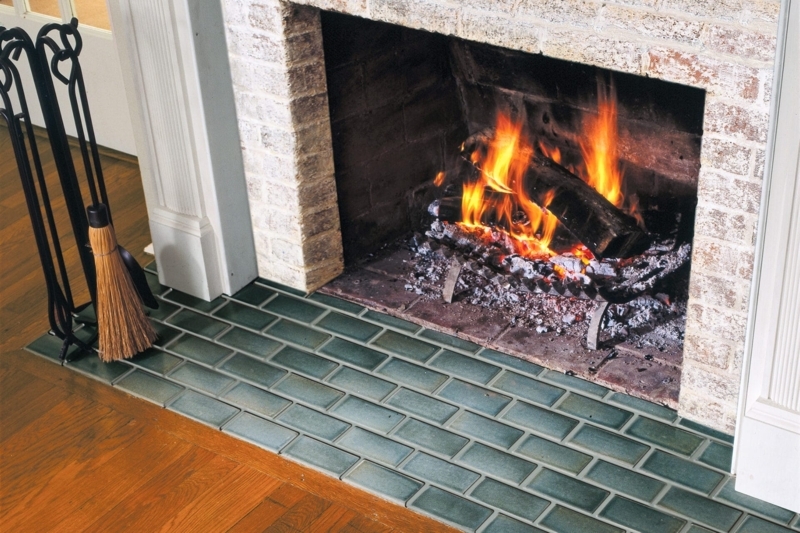 Fireplace Hearth: Teal Subway Tile Makeover for Brick Surround