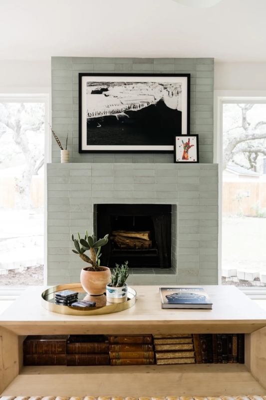 Fireplace: Mint Green Brick Tile Surround with Integrated Mantel