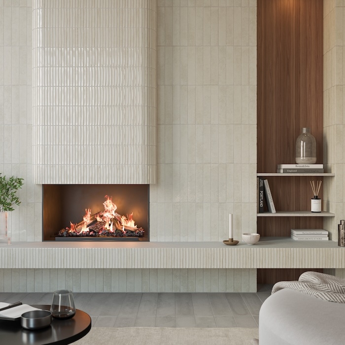 Fireplace: Modern Fluted Tile Surround in Creamy Monochromatic Style