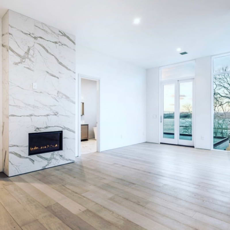 Fireplace Surround: Large Format White Marble Tile Minimalist Design